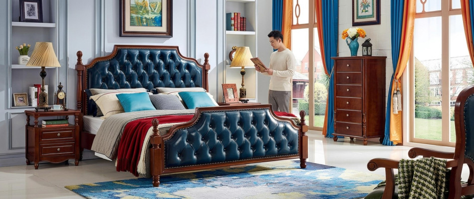 Chesterfield divguļamais luksusa guļamistabas koka gulta pārvilkta mēbeļu komplekts