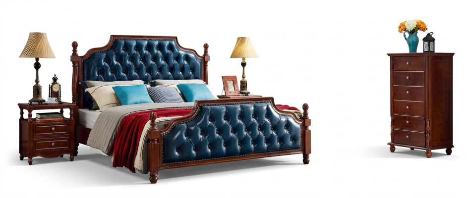 Chesterfield divguļamais luksusa guļamistabas koka gulta pārvilkta mēbeļu komplekts