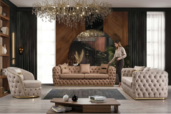 Chesterfield dīvāngarnitūra 3+3+1+1 sēdvietas dīvāns krēsli dīvāni āda beige