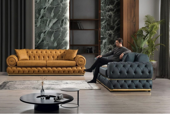 Garnituras Luxus Chesterfield Dīvāngarnitūra 3+3 Sēdvietu dīvāns Krēsls Dīvāni Ādas 2 gab.