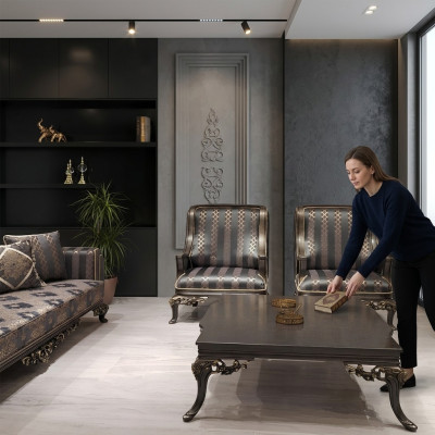 Ohrensessel Krēsla dizains Polster Sofa Couch audums Barokka viesistaba Zila
