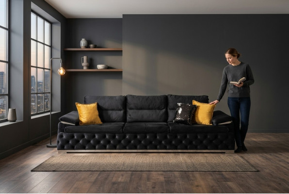 Trīsvietīgs dīvāns Dizaina sofa Moderns 4-vietīgs dīvāns Istabas mēbeles Melnas krāsas Pārklājs