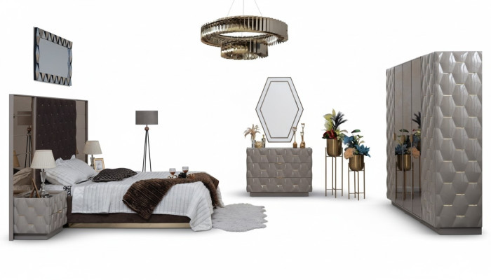 Schlafzimmer - Guļamistaba Bett - Gulta Nachttisch - Nakts galds Kleiderschrank - Skapis Kommode - Komoda Spiegel - Spogulis 6tlg - 6 gab.