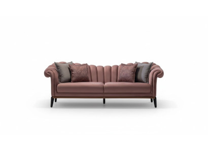 Itāliešu stila 2-vietīga dzīvojamā istabas dīvāna sofa ar auduma apdari rozā krāsā - jauna.