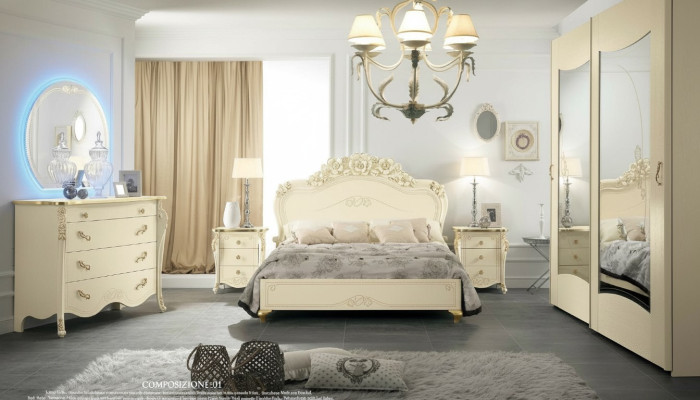 Schlafzimmer komplekts Bizzotto gulta nakts galds komoda spogulis skapis 5 gab.