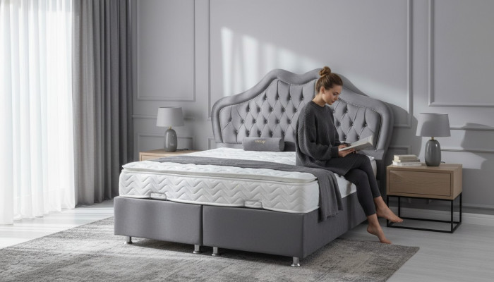 Gulta Pelēcīgā divguļamā gulta Boxspring gultas noformējums audums Chesterfield 160x200