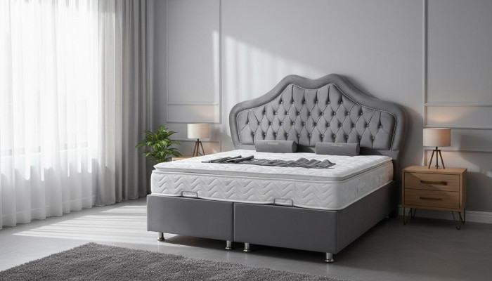 Gulta Pelēcīgā divguļamā gulta Boxspring gultas noformējums audums Chesterfield 160x200