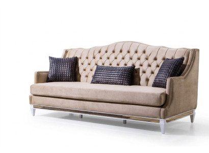 Beiger Chesterfield trīsvietīgā Luxus tekstila sofa, dizainera auduma čīkstuče.