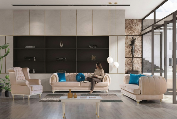Beža divguļamā sofa 3+2+1 sēdvieta luksusa auduma dīvāns stilīgai mēbelei