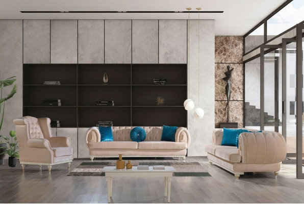 Beža divguļamā sofa 3+2+1 sēdvieta luksusa auduma dīvāns stilīgai mēbelei