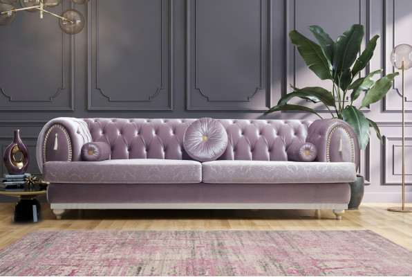 Lila Chesterfield 3-vietīgais dizaineru polsterēts dīvāns ar koka rāmi.