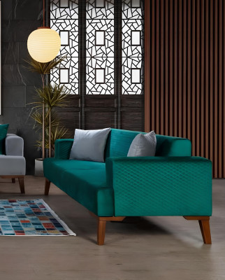 Sofas komplekts 3+3+1 sēdvietu dizaina dzīvojamais stūris pelēkā tumši zilā un zaļā krāsā.