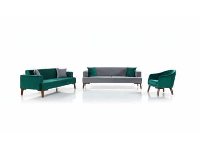 Sofas komplekts 3+3+1 sēdvietu dizaina dzīvojamais stūris pelēkā tumši zilā un zaļā krāsā.