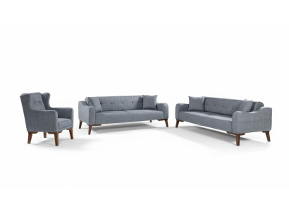 Sofas komplekts 3+3+1 sēdvietām, komplektā divi divvietīgi dīvāni un viens krēsla. Tekstila pārklājums, 3 gabali.