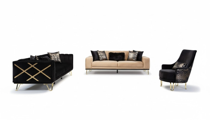 Sofagarnitūra Melna gulta 3+3+1 vietas krēsls Elegantais metāls audekls