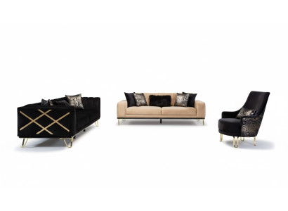 Sofagarnitūra Melna gulta 3+3+1 vietas krēsls Elegantais metāls audekls