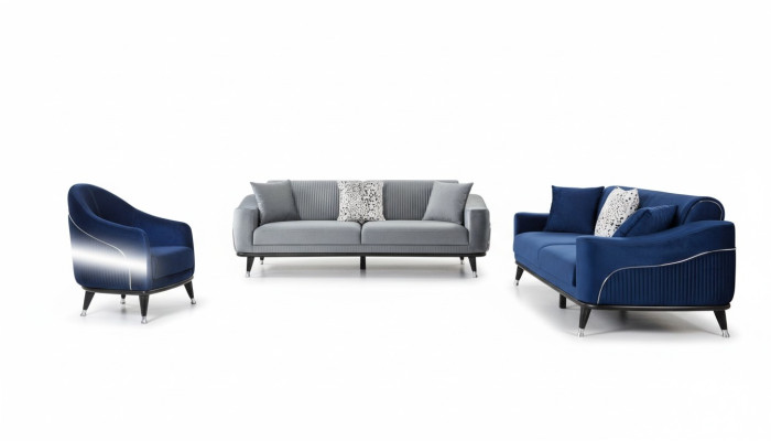 Sofasets 3+3+1 ​​Sēdvietas Kanapes Apgalvoti Dīvāni Koki pelēks zils Veltņu