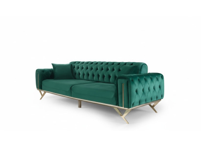 Zaļā Chesterfield dīvāns ar trim sēdvietām, auduma, koksnes.