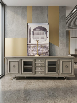 Konsolē skapis Lowboard mēbeles skapji sienas skuvekļa dzīvojamā istaba sideboard koks pelēcīgi.