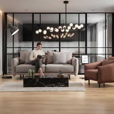 Sofas komplekts: 3-vietīgs dīvāns, 1 krēsls, galds ar izgrieztām kājiņām, 2 gabali. Jauns.