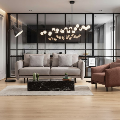 Sofas komplekts: 3-vietīgs dīvāns, 1 krēsls, galds ar izgrieztām kājiņām, 2 gabali. Jauns.