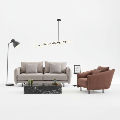 Sofas komplekts: 3-vietīgs dīvāns, 1 krēsls, galds ar izgrieztām kājiņām, 2 gabali. Jauns.