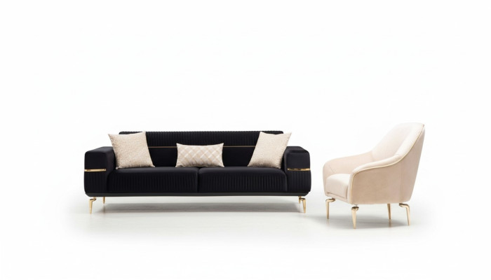 Sofas izgatavots no 3+1 sēdvietīgām dīvāna garnitūrām ar dizainera mēbelēm un polsterēm.