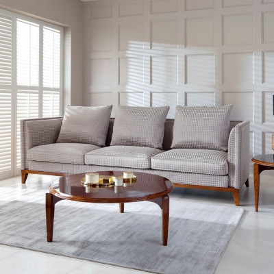 Sofas komplekts ar 3 sēdvietām, galds, divvietīga dīvāns, auduma pārklājums, mūsdienīgs luksusa stils, 2 gabali.