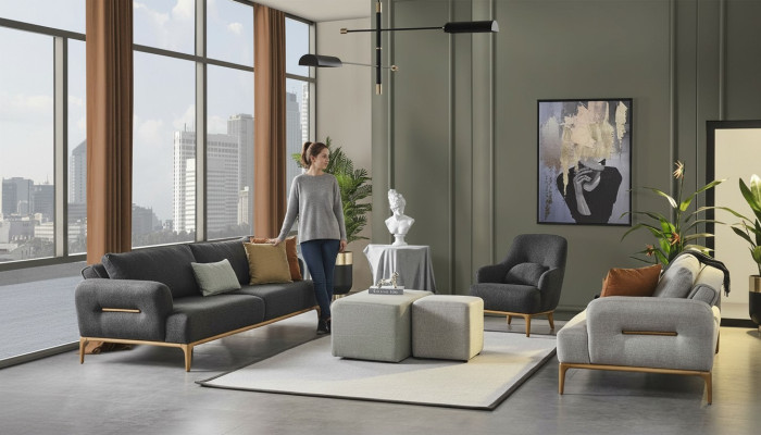Sofas Komplekts Dīvāns Krēsls 3+2+1 Audums Luksuss Pelēka Dīvāni Dzīvojamā istaba