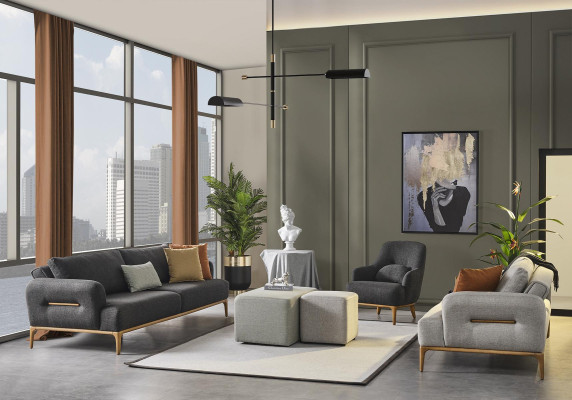 Sofas Komplekts Dīvāns Krēsls 3+2+1 Audums Luksuss Pelēka Dīvāni Dzīvojamā istaba