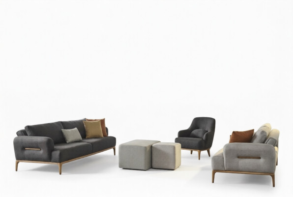 Sofas Komplekts Dīvāns Krēsls 3+2+1 Audums Luksuss Pelēka Dīvāni Dzīvojamā istaba