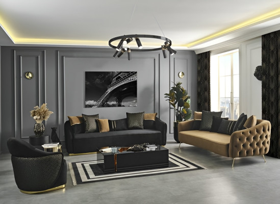 Chesterfield dīvāns komplekts ar 3 sēdvietām zila poliestera krēslā, 2 gabali.