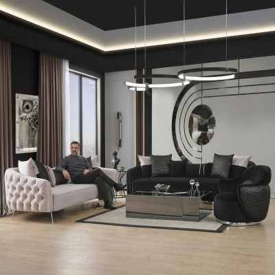 Sofasēžu komplekts Dīvāns Krēsls 431 Sēdvietas Audums Luksusa Dīvāni Balts Melns