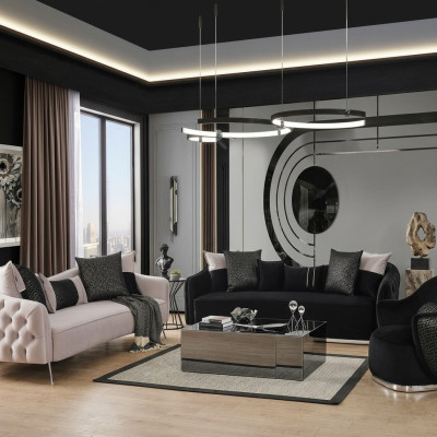 Sofasēžu komplekts Dīvāns Krēsls 431 Sēdvietas Audums Luksusa Dīvāni Balts Melns
