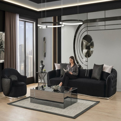 Sofa komplekts 4-vietīgais dīvāns Krēsls Cetrsešu plats Audums Melns Poliesters
