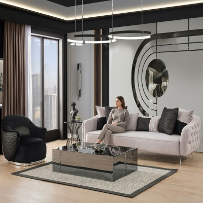 Moderns Sofasets Nojumes ar trīsžoku dīvānu, krēslu un trīsēšiem gaiši baltā krāsā no poliestera auduma.