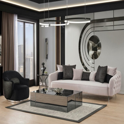 Moderns Sofasets Nojumes ar trīsžoku dīvānu, krēslu un trīsēšiem gaiši baltā krāsā no poliestera auduma.