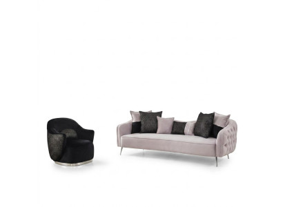 Moderns Sofasets Nojumes ar trīsžoku dīvānu, krēslu un trīsēšiem gaiši baltā krāsā no poliestera auduma.