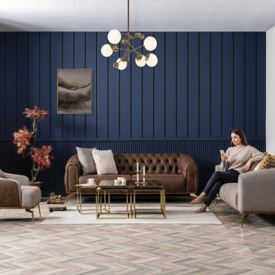 Sofas komplektkarnīts 431-vietīgs dīvāns ar auduma brūnu apdari 3 gabalos
