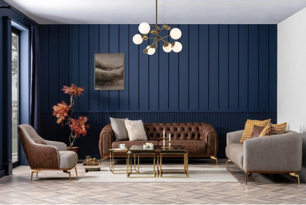 Sofas komplektkarnīts 431-vietīgs dīvāns ar auduma brūnu apdari 3 gabalos