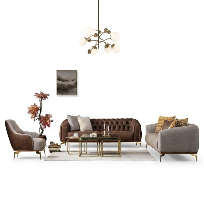 Sofas komplektkarnīts 431-vietīgs dīvāns ar auduma brūnu apdari 3 gabalos