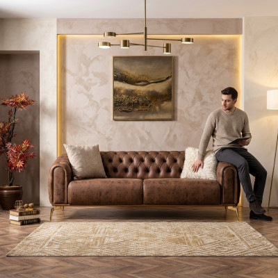 Chesterfield četruvietīgā sofa 4 vietu sēdeklis poliesters brūns mākslīgais āda