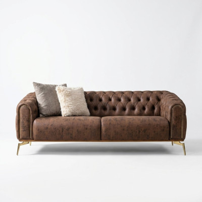 Chesterfield četruvietīgā sofa 4 vietu sēdeklis poliesters brūns mākslīgais āda