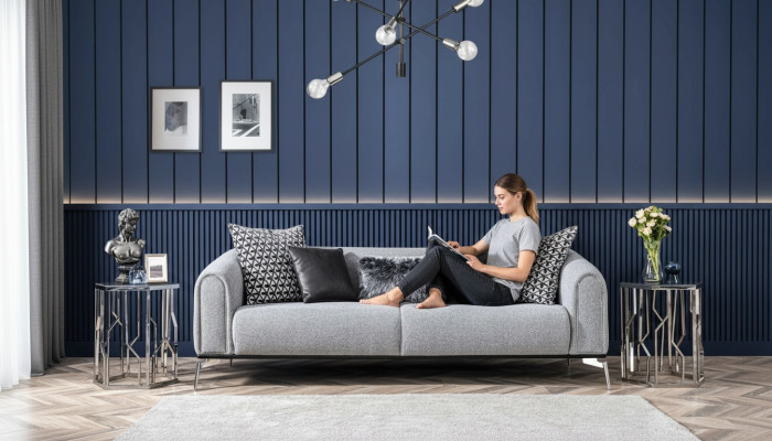 Drejēja divvietīgā sofa, 3-vietīgās sofās, sēdekļu audums pelēks, moderns, luksus mājoklis.