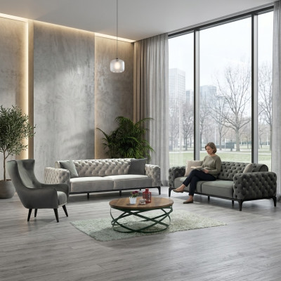 Chesterfield Sofa kopējais dīvāns 31 sēdekļu audums pelēkas krāsas luksusa dīvāni.