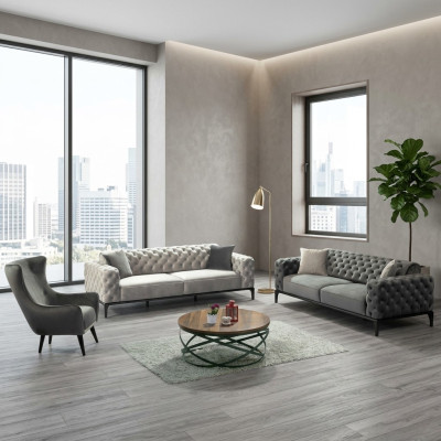 Chesterfield Sofa kopējais dīvāns 31 sēdekļu audums pelēkas krāsas luksusa dīvāni.