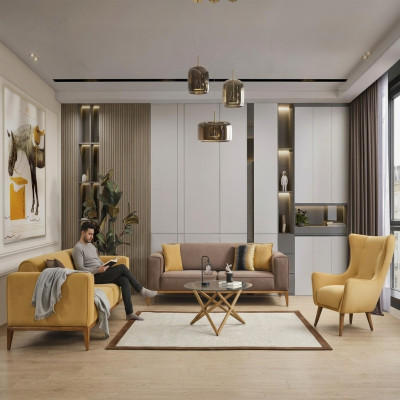 Sofas komplekts 431 sēdvietu krēsls audums dzeltenā krāsā komplekts 3 gabali jauns