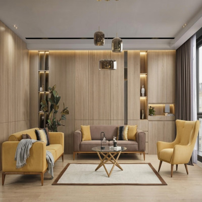 Sofas komplekts 431 sēdvietu krēsls audums dzeltenā krāsā komplekts 3 gabali jauns