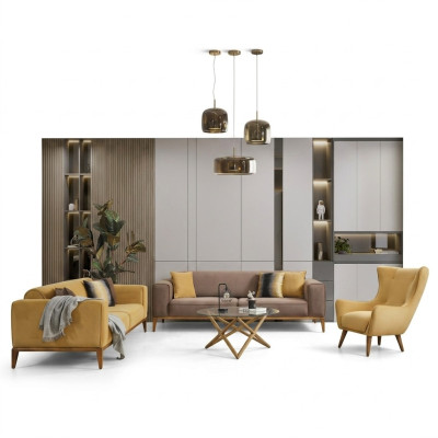 Sofas komplekts 431 sēdvietu krēsls audums dzeltenā krāsā komplekts 3 gabali jauns