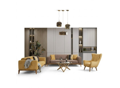 Sofas komplekts 431 sēdvietu krēsls audums dzeltenā krāsā komplekts 3 gabali jauns